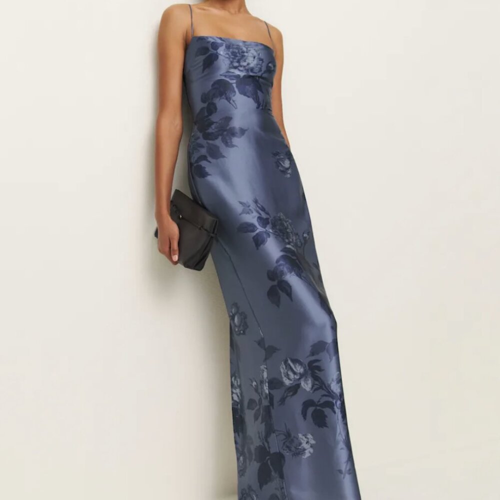 Reformation Frankie Silk Dress in Blue Floral